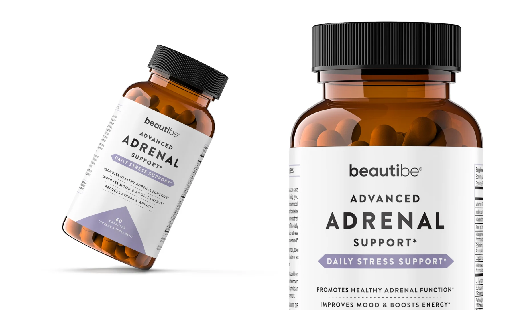 Amber glass supplement bottle 3D render with visible capsules by Arc Studio