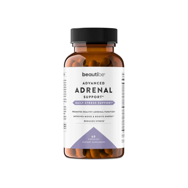 Photorealistic 3D hero render of an amber glass supplement bottle - Advanced Adrenal Support packshot by Arc Studio