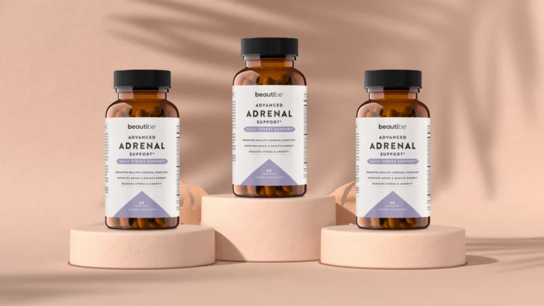 Staged display scene 3D render of supplement bottle on pink backdrop by Arc Studio