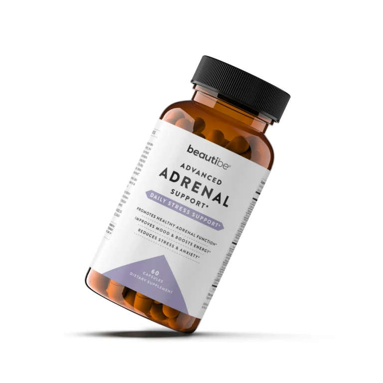 Tilted composition 3D render of amber supplement bottle with shadow by Arc Studio