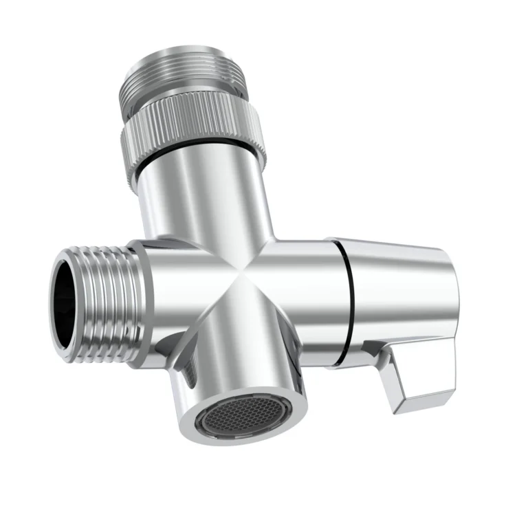 Photorealistic 3D hero render of a faucet diverter with metallic finish by Arc Studio