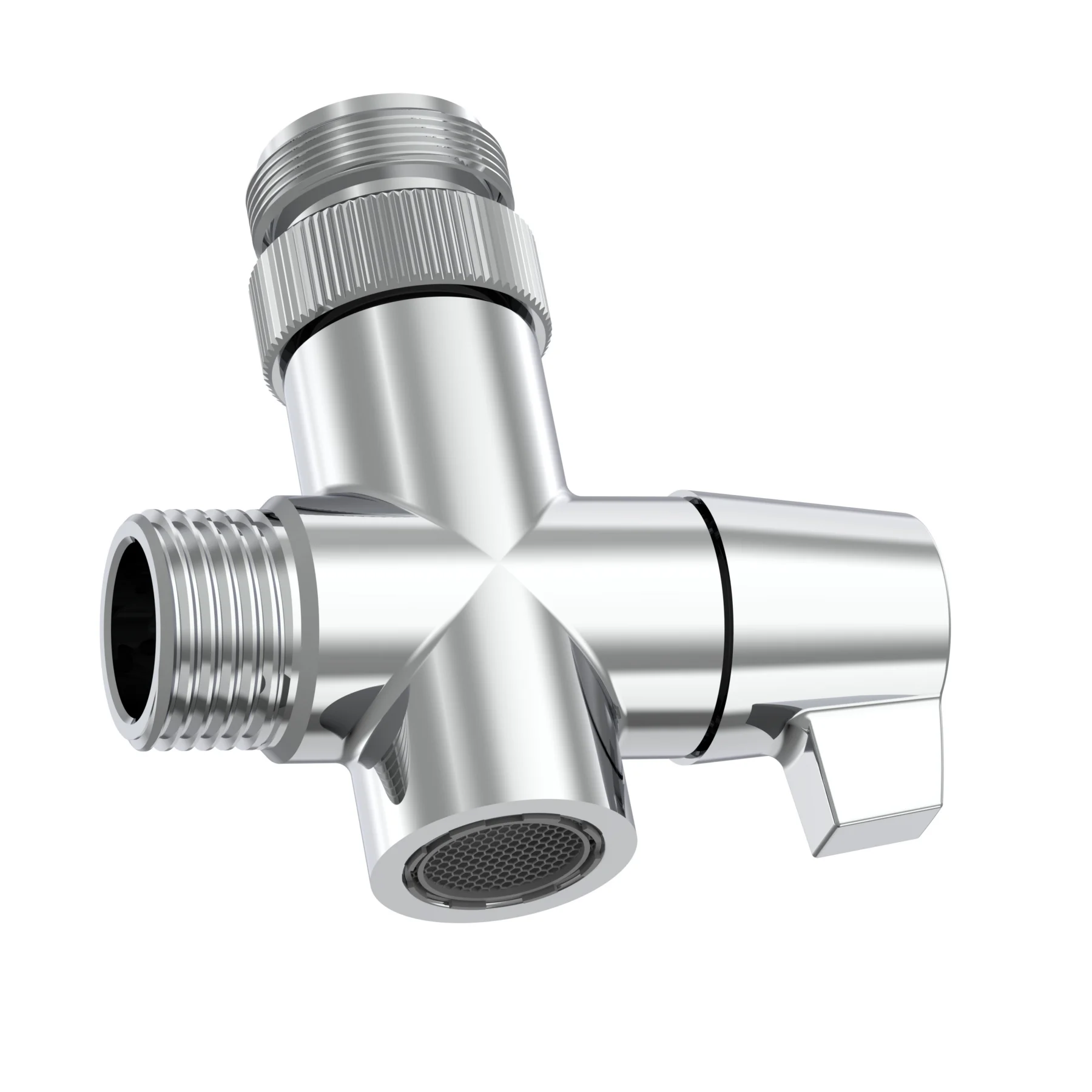 Photorealistic 3D hero render of a faucet diverter with metallic finish by Arc Studio