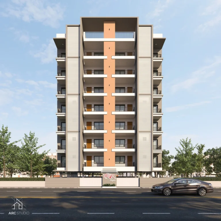 Exterior architectural 3D render of Haridwar Heights facade, day view, by Arc Studio