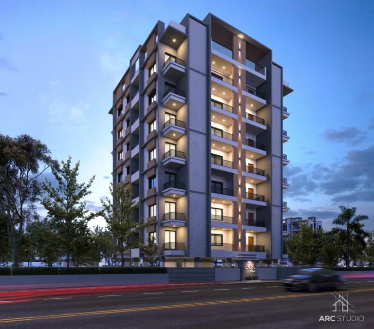 Exterior architectural 3D render of Haridwar Heights facade, evening view, by Arc Studio