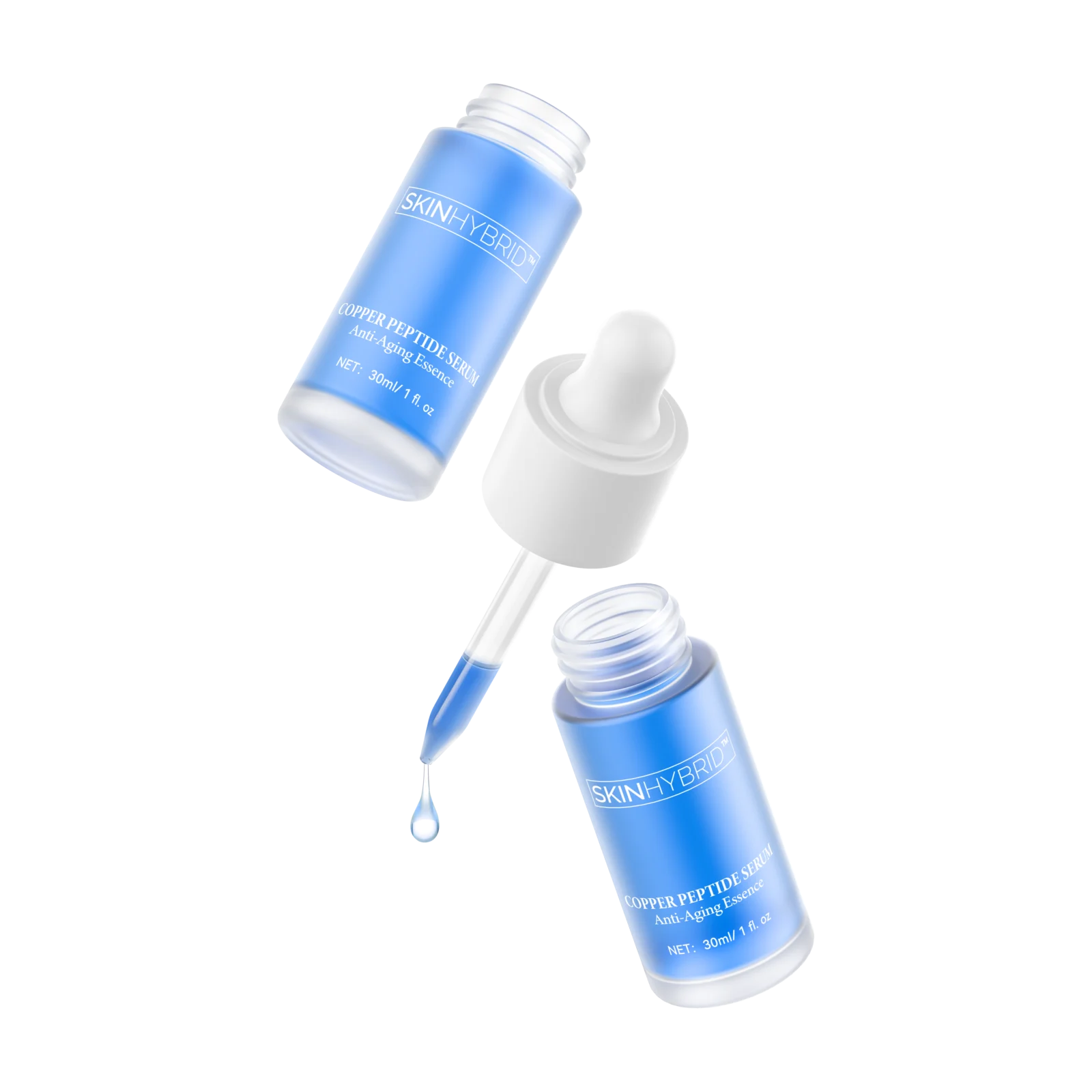 Photorealistic 3D render of copper peptide serum bottles - skincare product rendering by Arc Studio