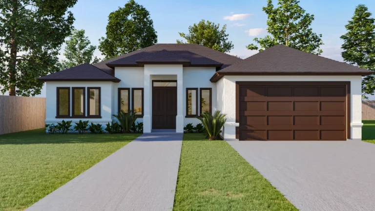 Exterior architectural 3D render of a private residence, angled view, by Arc Studio