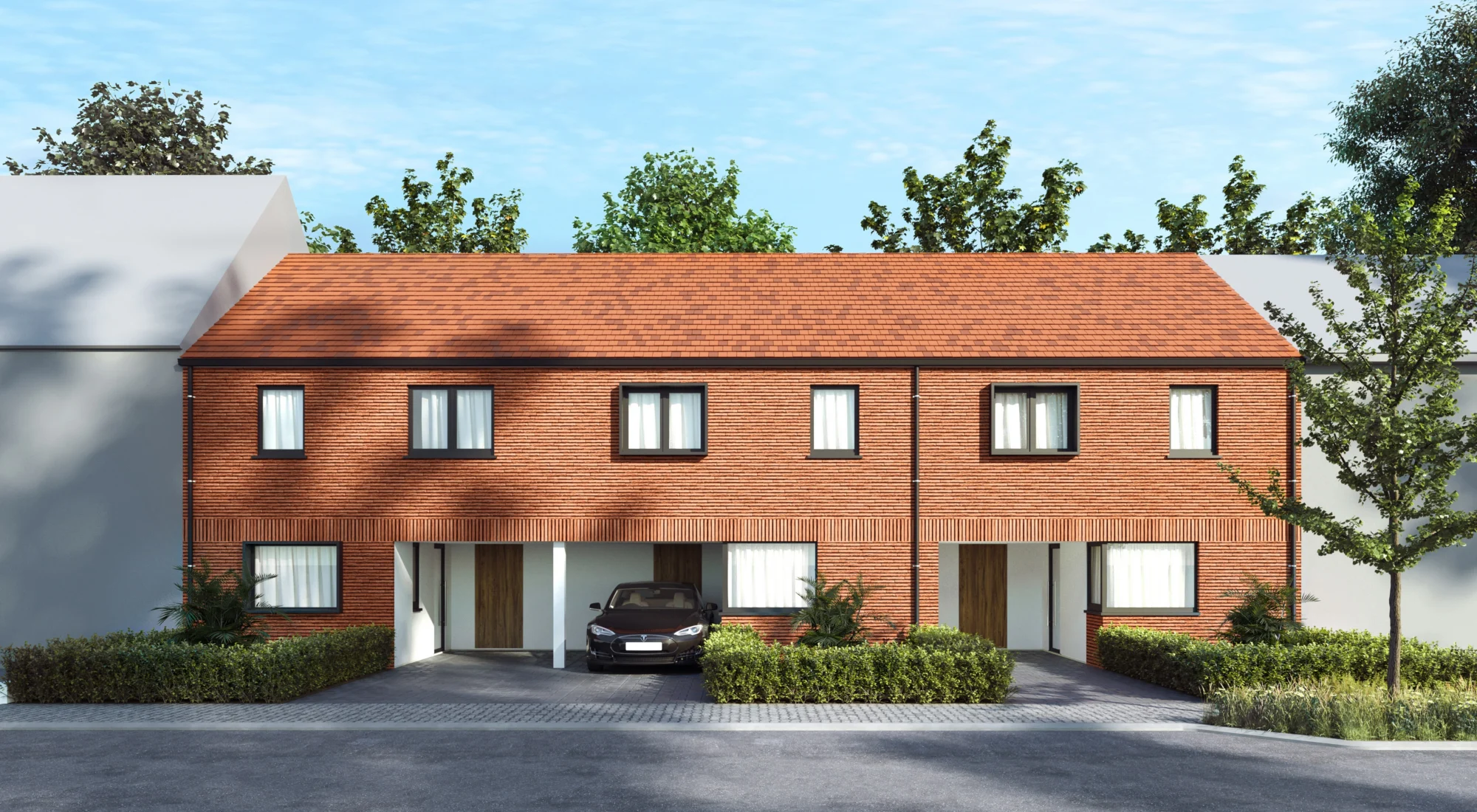 Exterior architectural 3D render of Raw House facade, day view, by Arc Studio