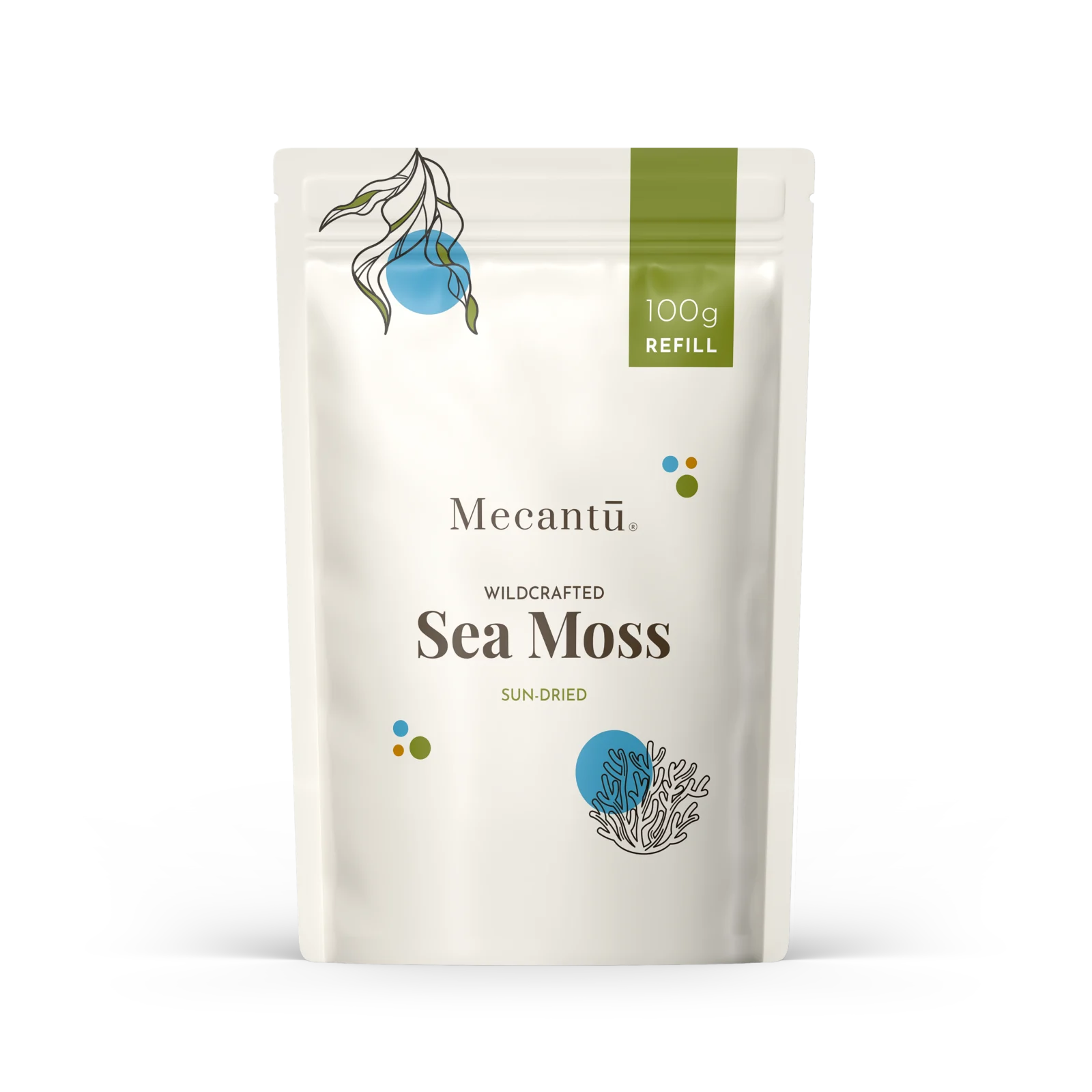 Photorealistic 3D render of a sea moss stand-up pouch - food packaging rendering by Arc Studio