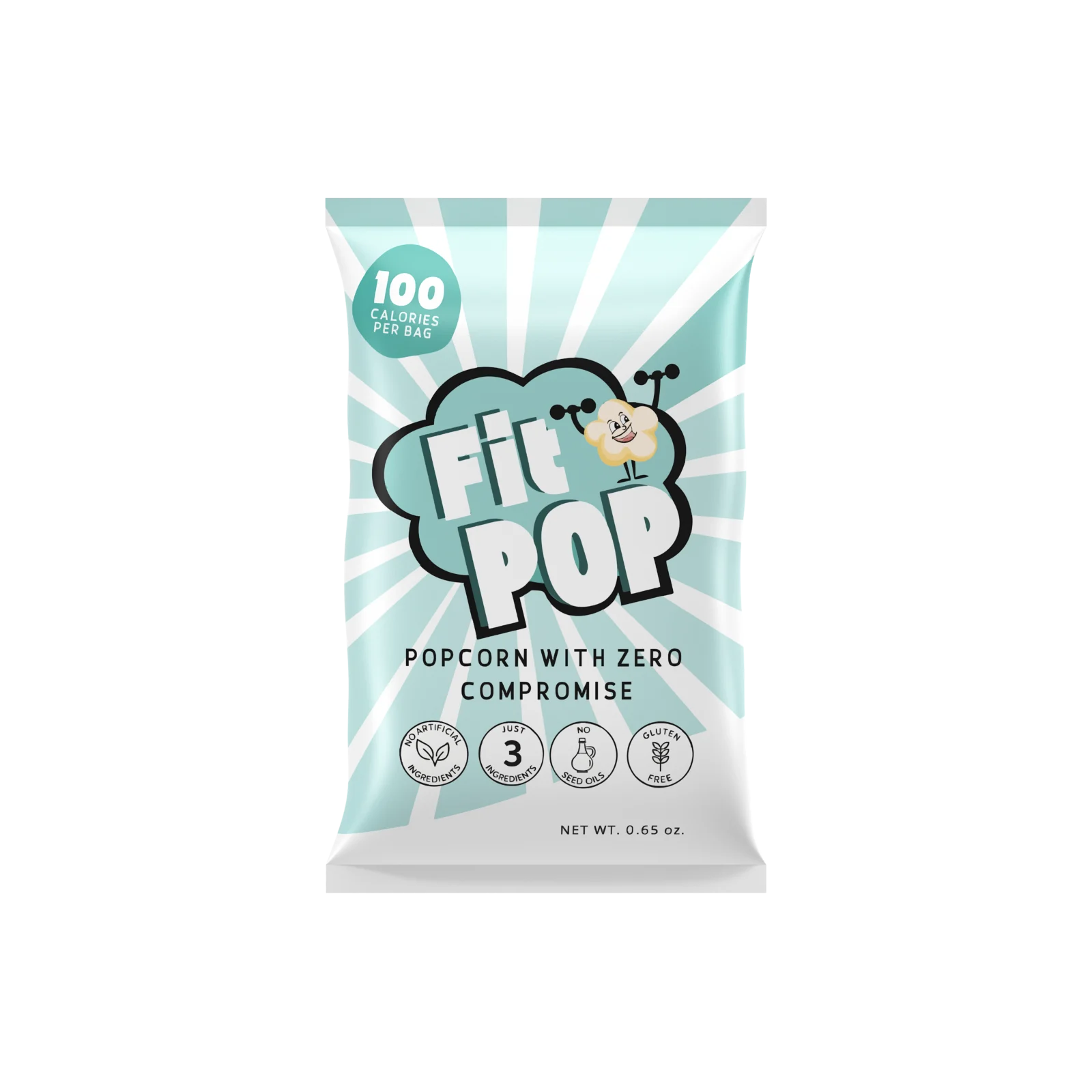 Photorealistic 3D render of popcorn snack bag packaging - food packaging visualization by Arc Studio