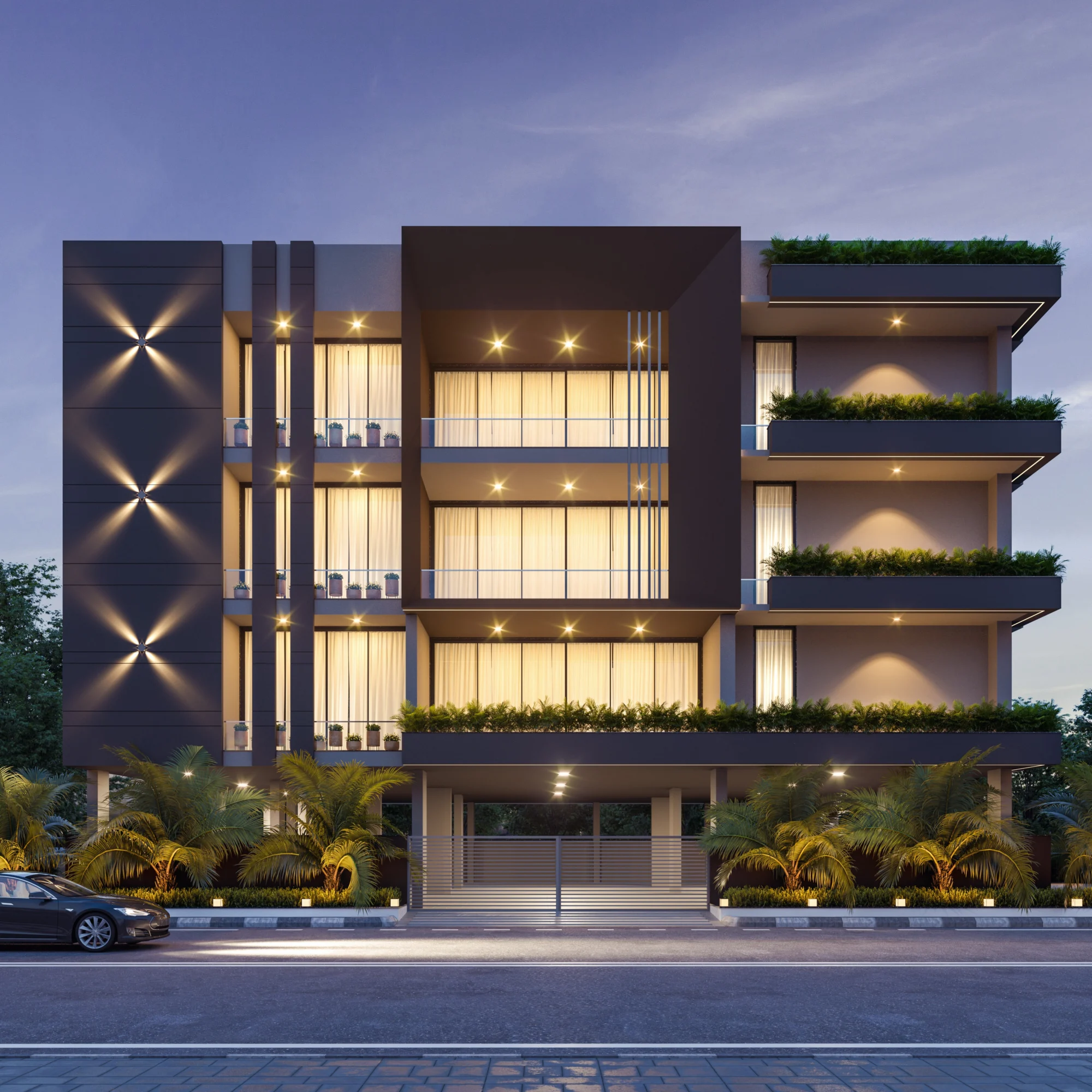 Exterior architectural 3D render of a studio apartment facade at evening by Arc Studio